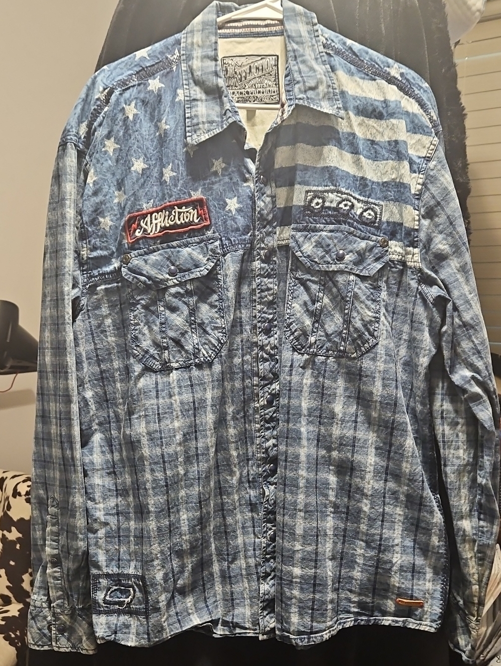 Affliction Blue Denim American Flag Plaid Button-Down Shirt